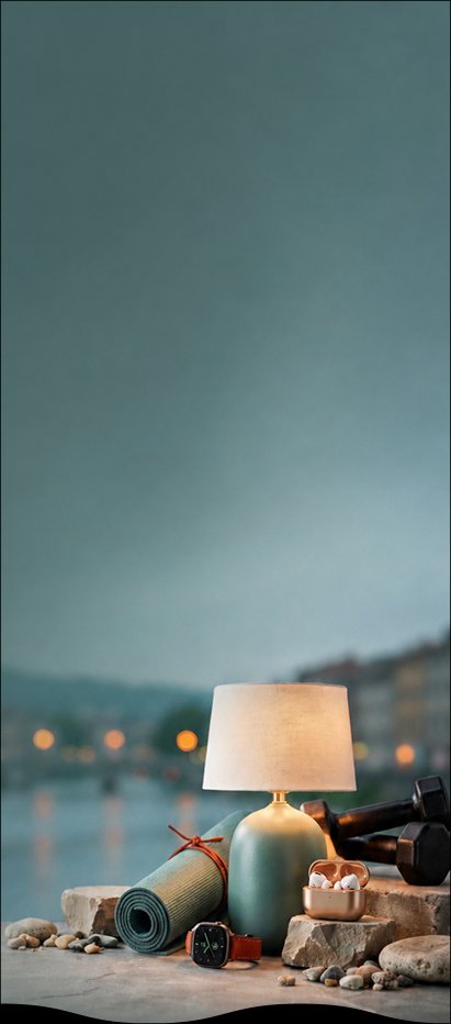 A lamp, yoga mat, and dumbbells styled on a riverside ledge at dusk